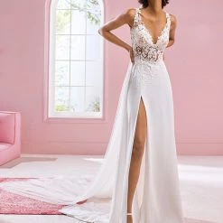 White One Bridal AMA Pronovias Wedding Dress Sexy Sheer Lace Gown Slit Train