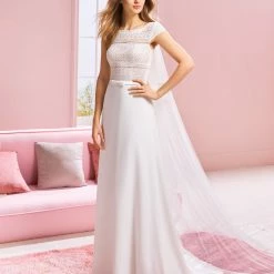 White One Bridal ARIANA Pronovias Wedding Dress A Line Crepe Bateau Neckline Cap Sleeve