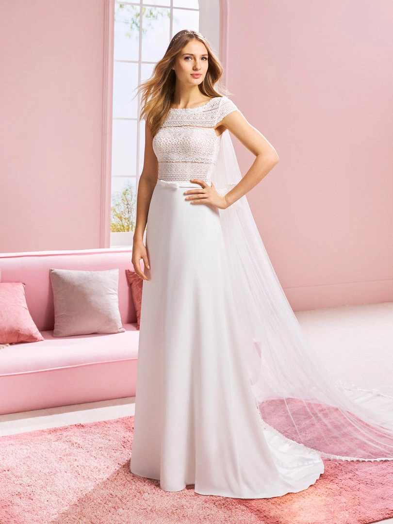 White One Bridal ARIANA Pronovias Wedding Dress A Line Crepe Bateau Neckline Cap Sleeve 3 White One Bridal ARIANA Pronovias Wedding Dress A Line Crepe Bateau Neckline Cap Sleeve