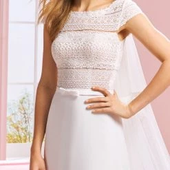 White One Bridal ARIANA Pronovias Wedding Dress A Line Crepe Bateau Neckline Cap Sleeve
