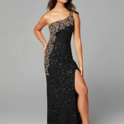 Primavera Couture 3637 Long Fitted Sequin One Shoulder Prom Dress Slit Pageant Formal