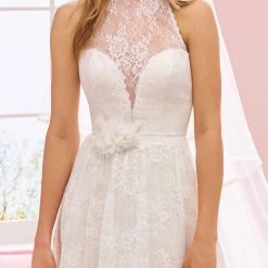White One Bridal ASHLEY Pronovias Wedding Dress Bohemian Chantilly Lace Illusion Neckline