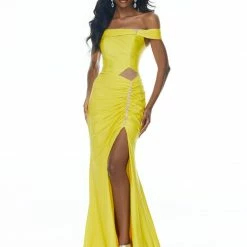 In Stock Ashley Lauren 11031 Size 2 Yellow Off The Shoulder Jersey Prom Dress Pageant Gown Side Slit