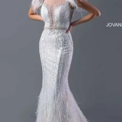 Prom Dresses Jovani AV06026 Feather Embellished Crystal Beaded Mermaid Wedding Dress Bridal Gown