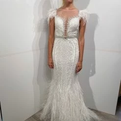 Prom Dresses Jovani AV06026 Feather Embellished Crystal Beaded Mermaid Wedding Dress Bridal Gown