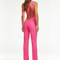 Ashleylauren Ashley Lauren 11158 One Shoulder Beaded Jumpsuit With Lace Up Back Corset Dresses