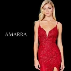 Amarra 20042 Long Fitted Lace High Slit Formal Prom Dress V Neck Evening Gown Backless Dresses