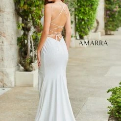 Amarra 87219 Long Fitted V Neck Prom Dress Slit Pageant Gown Crystal Embellished Backless Dresses