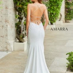 Amarra 87219 Long Fitted V Neck Prom Dress Slit Pageant Gown Crystal Embellished Backless Dresses