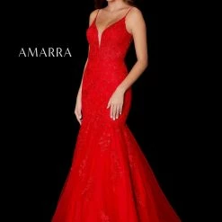 Mermaid Dresses Amarra 87226 Long Mermaid Crystal Embellished Lace Prom Dress Sheer Cutout Back