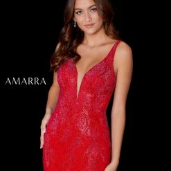 Amarra 87247 Long Fitted Jersey Rhinestone V Neck Slit Backless Corset Pageant Backless Dresses