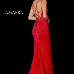 Amarra 87247 Long Fitted Jersey Rhinestone V Neck Slit Backless Corset Pageant Backless Dresses