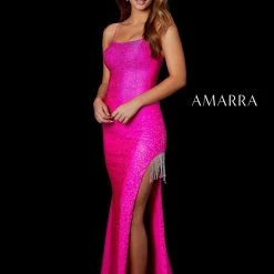 Backless Dresses Amarra 87251 Long Fitted Jersey Backless Scoop Neck Prom Dress Slit Fringe Crystal