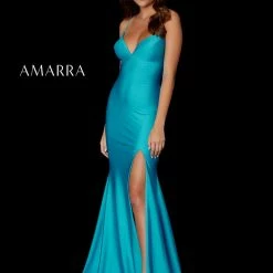 Backless Dresses Amarra 87255 Long Stretch Fitted Jersey Prom Dress Slit Backless Corset V Neck Pageant