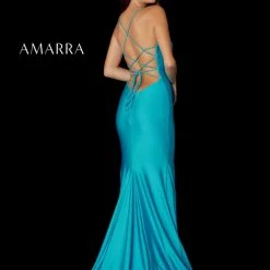Backless Dresses Amarra 87255 Long Stretch Fitted Jersey Prom Dress Slit Backless Corset V Neck Pageant