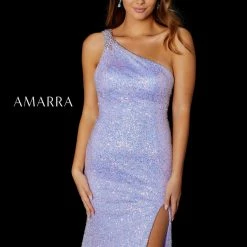 In Stock Backless Dresses Amarra 87257 Size 10 Lilac Long Fitted Sequin One Shoulder Prom Dress Pageant Slit Gown