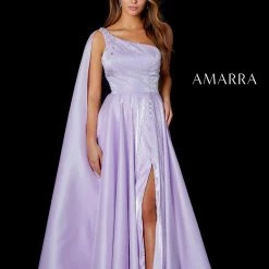 Amarra 87259 Long Satin A Line One Shoulder Cape Maxi Slit Prom Dress Pageant Gown