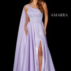Amarra 87259 Long Satin A Line One Shoulder Cape Maxi Slit Prom Dress Pageant Gown