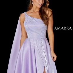 Amarra 87259 Long Satin A Line One Shoulder Cape Maxi Slit Prom Dress Pageant Gown