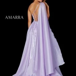 Amarra 87259 Long Satin A Line One Shoulder Cape Maxi Slit Prom Dress Pageant Gown