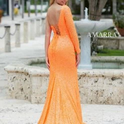 Amarra 87262 Long Fitted Sequin One Shoulder Long Sleeve Prom Dress Slit Backless Dresses