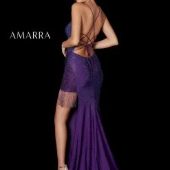 Amarra 87264 Long Fitted Side Slit Fringe Prom Dress Formal Backless Gown
