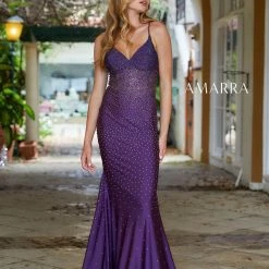 Amarra 87265 Long Fitted Crystal Embellished V Neck Prom Dress Backless Corset