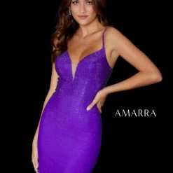 Backless Dresses Amarra 87298 Short Fitted V Neck Formal Cocktail Dress Cut Out Back Embellished