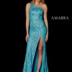 Sequin Dresses Amarra 87302 Long Sequin Fitted One Shoulder Prom Dress Slit Pageant Gown