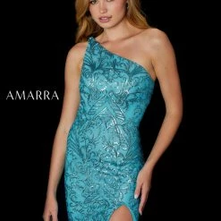 Sequin Dresses Amarra 87302 Long Sequin Fitted One Shoulder Prom Dress Slit Pageant Gown