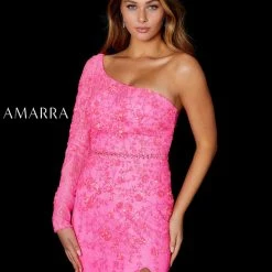 Mermaid Dresses Amarra 87308 Neon Pink One Long Sleeve Mermaid Prom Dress Sequin Lace Pageant