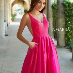 In Stock Ballgown Dresses Amarra 87309 Size 2 Long A Line V Neck Prom Dress Pockets Backless Formal Ball Gown
