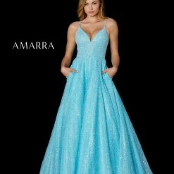 Amarra 87312 Long Sequin A Line Ball Gown Prom Dress Pockets Pageant V Neck Ballgown Dresses