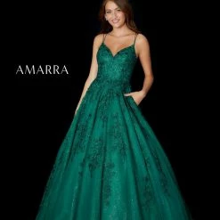 Amarra 87322 Long Shimmer Lace A Line Ball Gown Prom Dress Backless Corset V Neck