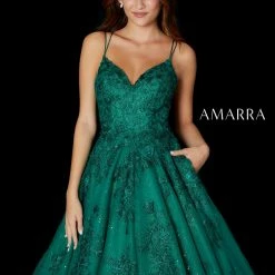 Amarra 87322 Long Shimmer Lace A Line Ball Gown Prom Dress Backless Corset V Neck