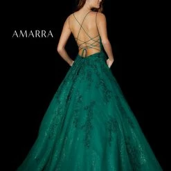 Amarra 87322 Long Shimmer Lace A Line Ball Gown Prom Dress Backless Corset V Neck