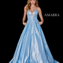 Amarra 87323 Long Iridescent A Line Ball Gown Prom Dress V Neck Backless Corset Ballgown Dresses
