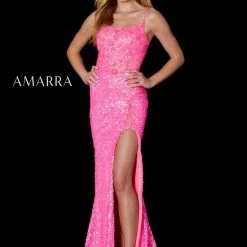 Amarra 87331 Long Fitted Sequin High Slit Prom Dress Formal Backless Gown Floral