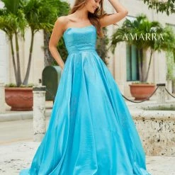 Amarra 87333 Long Strapless A Line Satin Embellished Prom Dress Pockets Backless Ballgown Dresses