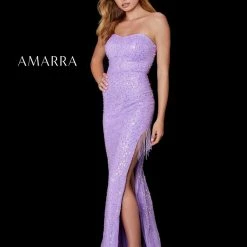 Backless Dresses Amarra 87335 Long Fitted Sequin Strapless Maxi Slit Prom Dress Fringe Tassel