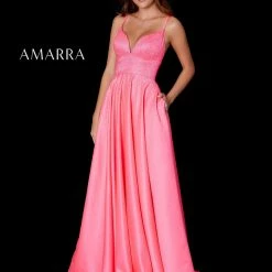 Ballgown Dresses Amarra 87343 Long Satin A Line Formal Prom Dress V Neck Pockets Backless Corset