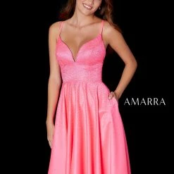 Ballgown Dresses Amarra 87343 Long Satin A Line Formal Prom Dress V Neck Pockets Backless Corset