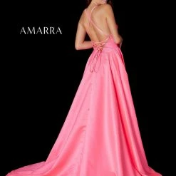 Ballgown Dresses Amarra 87343 Long Satin A Line Formal Prom Dress V Neck Pockets Backless Corset