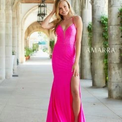 Amarra 87353 Long Fitted Hot Pink Backless Jersey Prom Dress Slit Corset V Neckline
