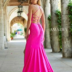 Amarra 87353 Long Fitted Hot Pink Backless Jersey Prom Dress Slit Corset V Neckline