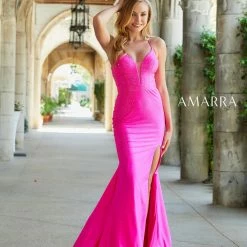 Amarra 87353 Long Fitted Hot Pink Backless Jersey Prom Dress Slit Corset V Neckline