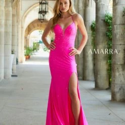 Amarra 87353 Long Fitted Hot Pink Backless Jersey Prom Dress Slit Corset V Neckline