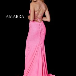 Backless Dresses Amarra 87355 Long Fitted Rhinestone Jersey Backless Corset Prom Dress Slit Pageant