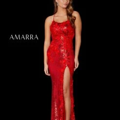 Amarra 87408 Long Fitted Sequin 3D Floral Lace High Slit Backless Prom Dress Formal Backless Dresses