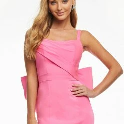 Ashleylauren Ashley Lauren 4447 Pink Cocktail Dress Square Neckline Crepe Oversized Bow In Back